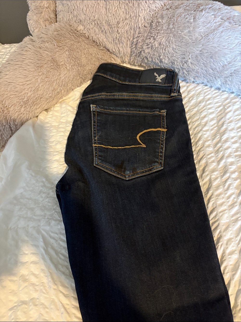 American Eagle Outfitters Dark Indigo Skinny Jeans with Gold Stitching